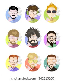 Set avatars profile flat icons men vaping e-cigarette, different characters. Trendy beards and glasses, vector illustration