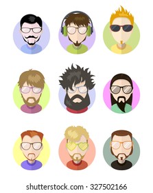 Set avatars profile pictures flat icons, different style people characters. Trendy beards and glasses.