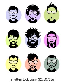 Set avatars profile pictures flat icons, different style people characters. Trendy beards and glasses.