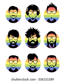 Set avatars profile pictures flat icons, different style people characters on LGBT flags background. Trendy beards and glasses.