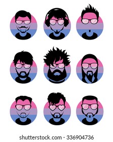 Set avatars profile pictures flat icons, different style people characters on LGBT bisexual flag background. Trendy beards and glasses.