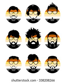 Establecer avatares imágenes de perfil iconos planos, diferentes personajes de personas de estilo en el fondo de la bandera del oso LGBT. Barbas y gafas de moda.