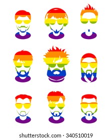 Set avatars profile pictures flat icons, different style people characters on LGBT flag background. Trendy beards and glasses.