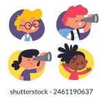 Set of avatars of smart, enthusiastic children. A collection with curious, adventurous, energetic and inquisitive kids. Girl, boy with a telescope.