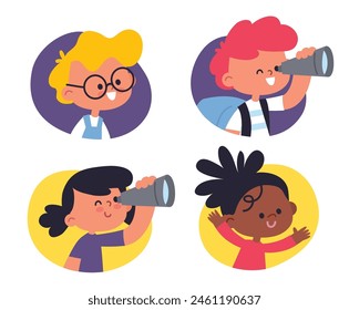 Set of avatars of smart, enthusiastic children. A collection with curious, adventurous, energetic and inquisitive kids. Girl, boy with a telescope.