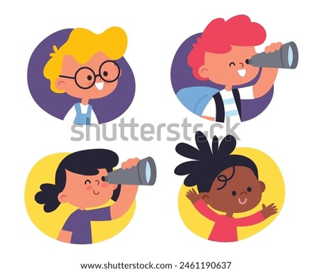 Set of avatars of smart, enthusiastic children. A collection with curious, adventurous, energetic and inquisitive kids. Girl, boy with a telescope.