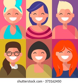 Set of avatars smiling girls with bright colors in flat design 2