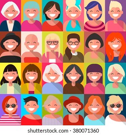 Set of avatars smiling girls  in flat design 