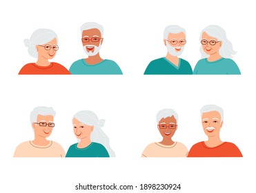 Set of avatars of smiling gray haired senior people of different nationalities. Diverse mature couples. Collection of portraits grandmothers and grandfathers.  Isolated vector illustrations.