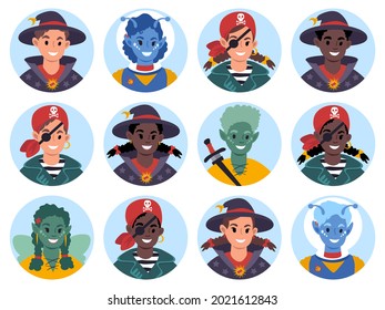 A set of avatars of a smiling kids dressed up as pirate, wizard, elf and alien. Halloween, masquerade or play costume. Flat style vector illustration.