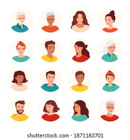 Conjunto de avatares de personas sonrientes de diferentes edades y nacionalidades. Diversos iconos de caras de formas redondeadas. Ilustración vectorial aislada.