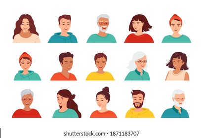 Reihe von Avataren lächelnder Menschen unterschiedlichen Alters und Nationalitäten. Verschiedene Gesichtssymbole. Einzige Vektorgrafik.
