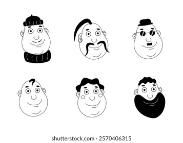 Set of avatars of smiling people of different nationalities. Men of different unusual appearance. Isolated portraits on white background. Profile picture icons. Male faces black and white.