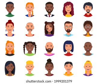 Set of avatars of smiling people. Men and women of various unusual appearances.