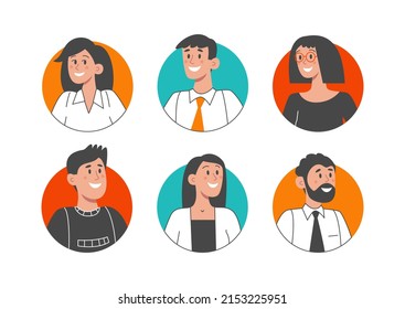 Set of avatars of smiling people in a round frame. Collection of different characters of men and women. Isolated vector flat illustration.