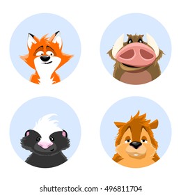 set of avatars wildlife. cute animals on a blue background. skunk, squirrel, wild boar, fox. vector illustrations.