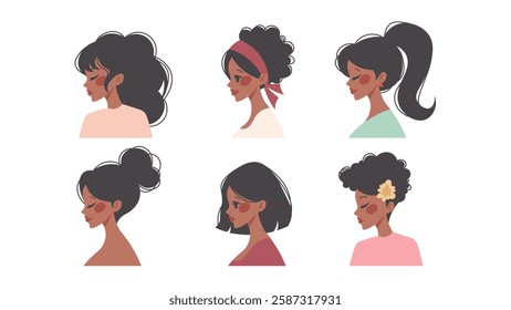 Set of avatars of women with dark skin. Black women in profile. Vector flat illustration