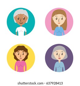 set avatars women of different diversity inside colors circles over white background