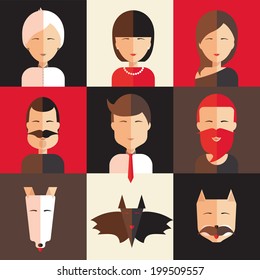 Set of avatars of women, men, animal in flat style for design and social networks.