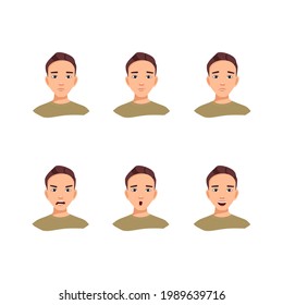 A set of avatars of a young guy with different emotions. Vector illustration.