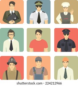 set of avatars of young men engaged in different occupations and professions in the appropriate clothing