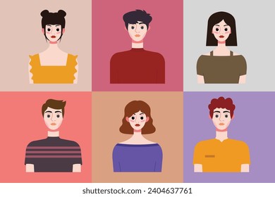 Conjunto de avatares de jóvenes de estilo plano. Ilustración del vector