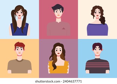 Conjunto de avatares de jóvenes de estilo plano. Ilustración del vector