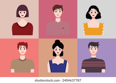 Conjunto de avatares de jóvenes de estilo plano. Ilustración del vector