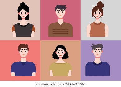 Conjunto de avatares de jóvenes de estilo plano. Ilustración del vector