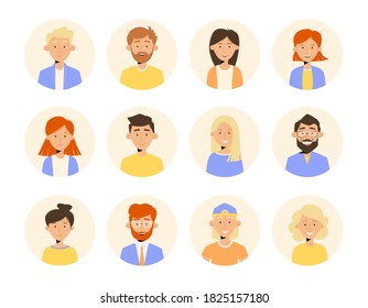 Set of avatars of young people in front view. Vector illustration in flat style. 