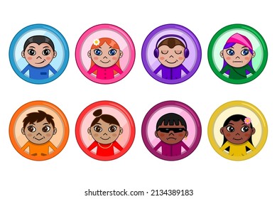 set avatars young people portraits for social media  in circle frame flat cartoon style vector
