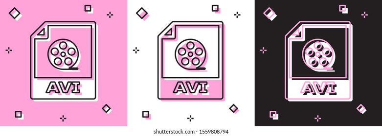 Set AVI file document. Download avi button icon isolated on pink and white, black background. AVI file symbol.  Vector Illustration