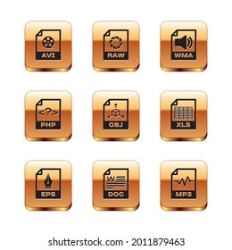 Set AVI file document, EPS, DOC, OBJ, PHP and WMA icon. Vector