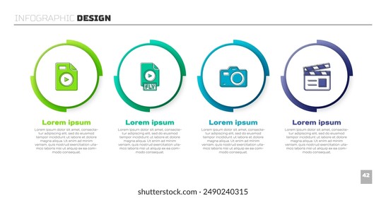 Set AVI file document, FLV, Photo camera and Movie clapper. Business infographic template. Vector