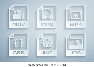 Establecer documento de archivo AVI, MP4, CSS, JPG, MP3 y MOV icono. Vector