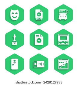 Set AVI file document, Photo and video shooting, Histogram graph photography, Video recorder on laptop, Backstage, Movie trophy, Retro typewriter and Comedy theatrical mask icon. Vector