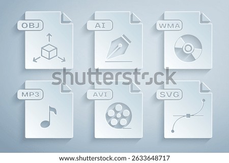 Set AVI file document, WMA, MP3, AI and OBJ icon. Vector