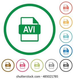 Set of AVI file format color round outlined flat icons on white background