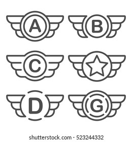 Set of the avia badges with wings. Aviation emblem set based on wing usage. Vector design graphic element for emblem, insignia, sign, identity, logotype, game team logo. Isolated vector illustration.