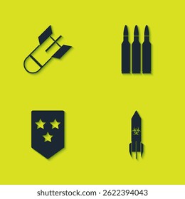Conjunto Bomba de aviación, cohete Biohazard, Chevron y Bullet icono. Vector