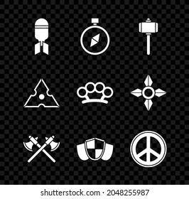 Ponga la bomba de aviación, la brújula, el martillo de batalla, los ejes medievales cruzados, el Escudo, la paz, el indio ninja japonés y el icono de las mangueras de bronce. Vector