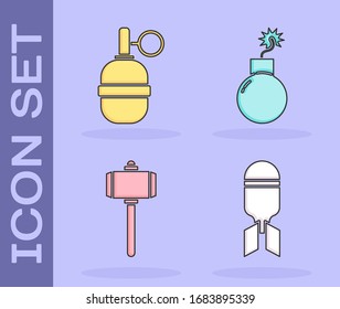 Set Aviation bomb, Hand grenade, Battle hammer and Bomb ready to explode icon. Vector