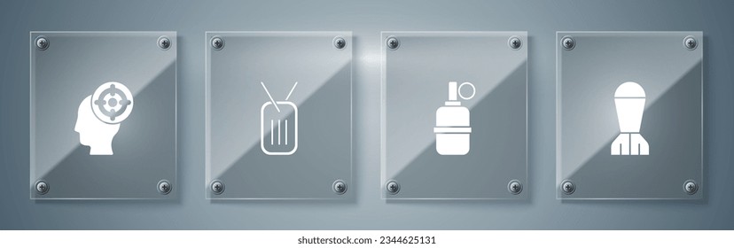 Poner bombas de aviación, granadas de mano, etiqueta de perro militar y deporte Target. Paneles de vidrio cuadrado. Vector