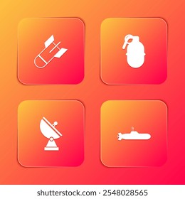 Set Aviation bomb, Hand grenade, Radar and Submarine icon. Vector