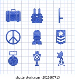 Set Aviation bomb, Human target sport for shooting, Radar, Chevron, Military reward medal, Peace, Police rubber baton and ammunition box icon. Vector