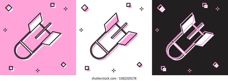 Set Aviation bomb icon isolated on pink and white, black background. Rocket bomb flies down.  Vector Illustration