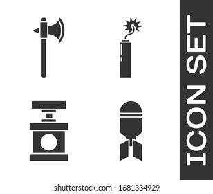 Set Aviation bomb, Medieval axe, Handle detonator for dynamite and Dynamite bomb stick clock icon. Vector