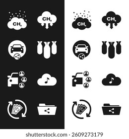 Set Aviation bombs, Car sharing, Methane emissions reduction, ,  and Music streaming service icon. Vector