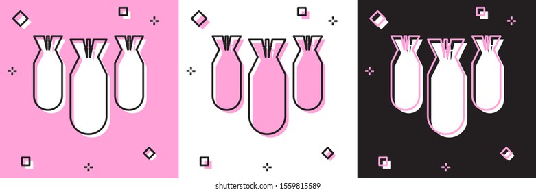 Set Aviation bombs icon isolated on pink and white, black background. Rocket bomb flies down.  Vector Illustration