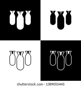 Set Aviation bombs icons isolated on black and white background. Rocket bomb flies down. Line, outline and linear icon. Vector Illustration